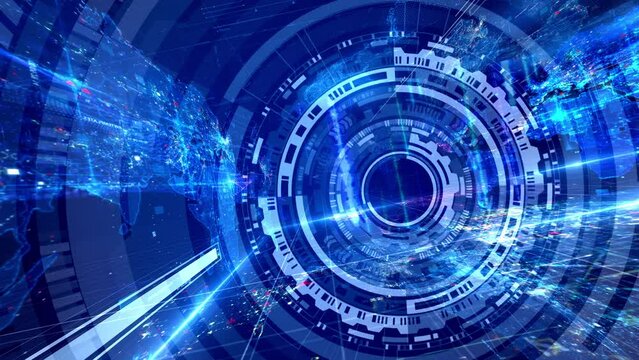 Abstract spinning futuristic hi tech technology circle cinematic title blue background wallpaper animation loop footage