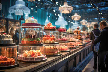 Fototapeta premium Food festival dessert competition, where exquisite cakes and pastries adorn ornate stands, captivating all with their irresistible beauty and delectable flavors