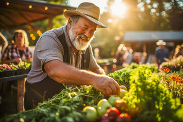 Heartwarming moment as a local farmer lovingly tends to his bountiful produce, showcasing the essence of hard work and dedication at the farmers market