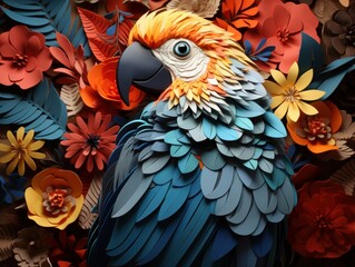Fototapeta premium Acolourful parrot in a flower background.kirigami style