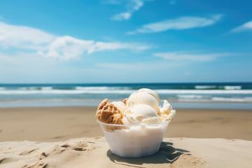 Fototapeta na wymiar Milk ice cream balls in a bowl stand on the beach on the sand. Sunny day, summer dessert concept, Seashore, blue water.