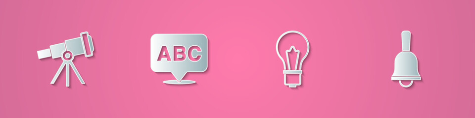 Set paper cut Telescope, Alphabet, Light bulb with idea and Ringing bell icon. Paper art style. Vector