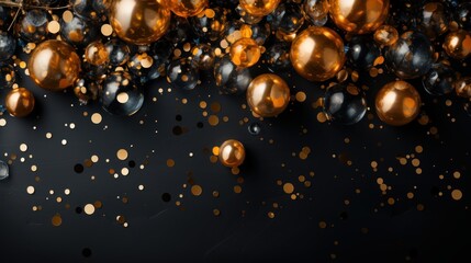 A shiny arrangement of glowing golden confetti, delightfully sprinkled over a noble black marble background 