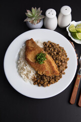Fried fish fillet with lentils stew Food buffet peruvian table Assorted dishes gourmet cuisine Peru traditional 