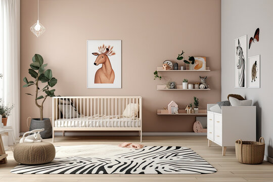 habitacion de bebé con cuna, cuadro con animales y decoracion infantil en tonos claros naturales. ilustracion de IA generativa