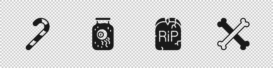 Set Christmas candy cane, Eye in jar, Tombstone with RIP written and Crossed bones icon. Vector