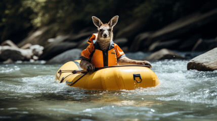 a funny kangaroo rafting on an inflatable raft on a mountain river. Generative ai