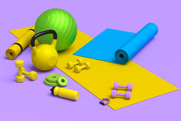 Isometric view of sport equipment like kettlebell, fitness ball and yoga mat