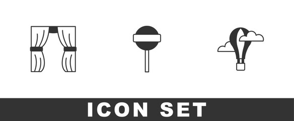 Set Circus curtain raises, Lollipop and Hot air balloon icon. Vector