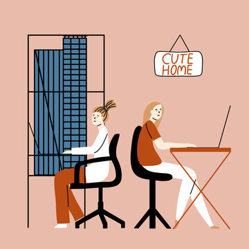 The Concept Of Hybrid Work. The Trend Towards Remote Professional Activity. .Vector Illustration In Hand Drawn Style.