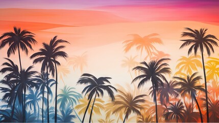 Fototapeta na wymiar a painting of a sunset with palm trees and mountains in the background. generative ai