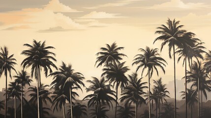 Obraz na płótnie Canvas a painting of a palm tree forest with a sunset in the background. generative ai