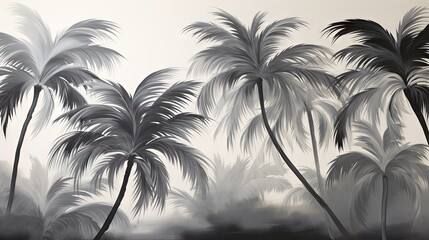 a black and white photo of palm trees in the fog.  generative ai