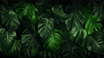Panorama background of dark green tropical leaves