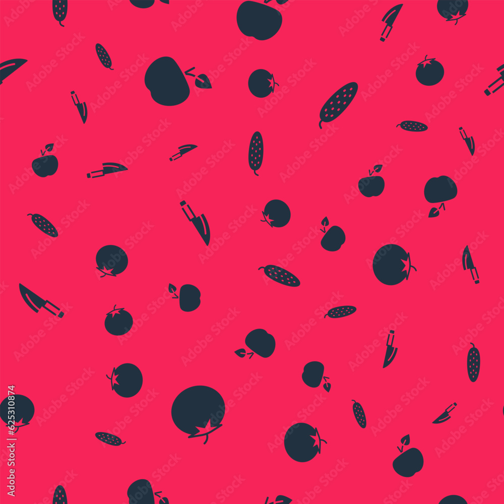Poster set tomato, apple, knife and cucumber on seamless pattern. vector