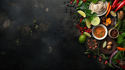 Fototapeta na wymiar Top View Asian food background with various ingredients on rustic stone background