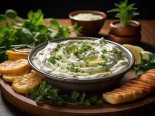 A Photo of Yogurt Dip: A bowl of creamy yogurt dip, perfect for pairing with fresh vegetables or pita bread