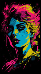 Naklejka premium A vibrant portrait of a woman in pop art style on a black background Generative Ai