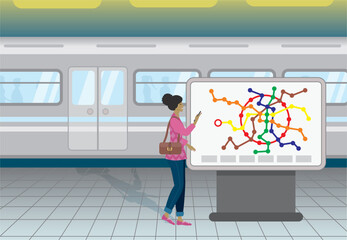 Traveling communte, tourism, finding the way on map. Woman at train, subway station, holding her mobile phone. Vector illustration.