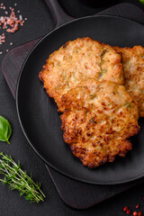 Delicious fresh fried minced chicken meat cutlets with salt, spices and herbs