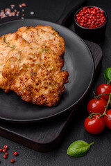 Delicious fresh fried minced chicken meat cutlets with salt, spices and herbs