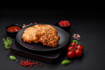 Delicious fresh fried minced chicken meat cutlets with salt, spices and herbs