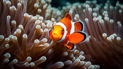  an orange clown fish in an anemone sea anemone.  generative ai