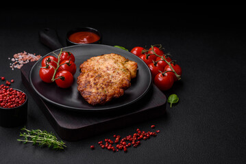 Delicious fresh fried minced chicken meat cutlets with salt, spices and herbs