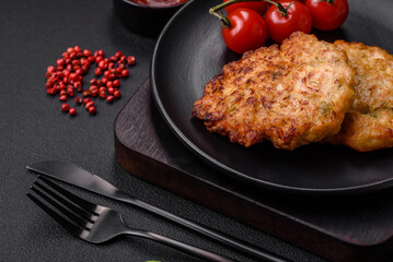 Delicious fresh fried minced chicken meat cutlets with salt, spices and herbs