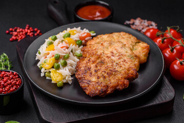 Delicious fresh fried minced chicken meat cutlets with salt, spices and herbs