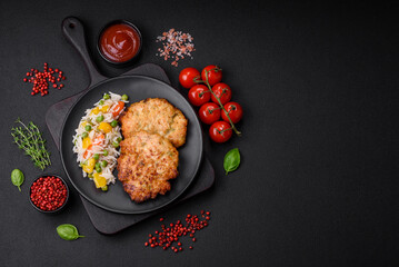 Delicious fresh fried minced chicken meat cutlets with salt, spices and herbs