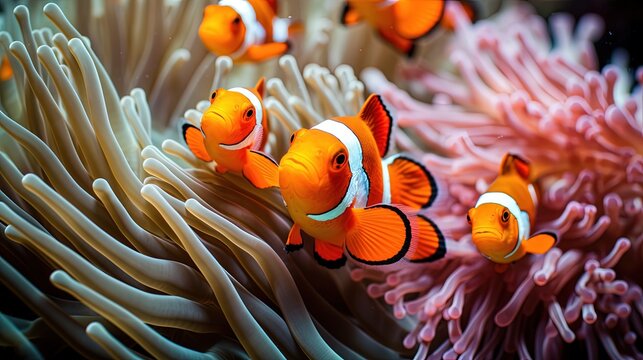  a group of clown fish swimming around anemone in an aquarium.  generative ai