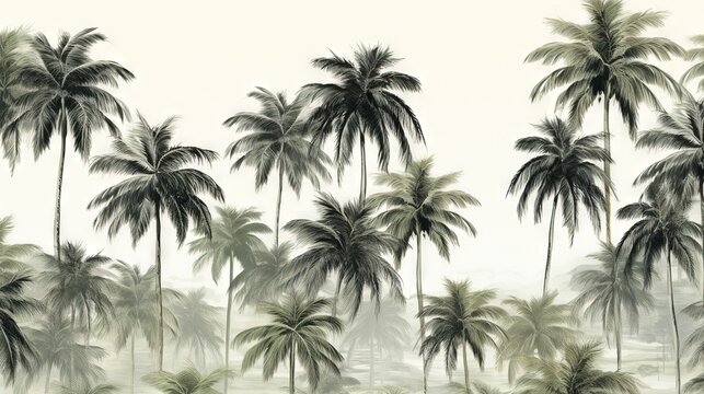  a painting of palm trees in a foggy forest with a sky background.  generative ai