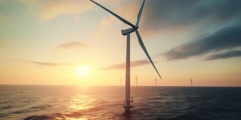 wind turbine at sunset, Offshore Windpark in the sunddown, sunset, European Coastline, Embracing Green Energy Inspiration - obrazy, fototapety, plakaty
