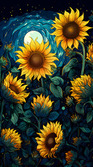hand drawn cartoon sunflower illustration under the starry sky
