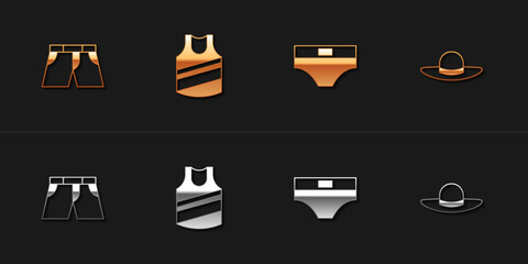 Set Short or pants, Undershirt, Men underpants and Elegant women hat icon. Vector