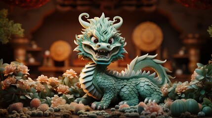 Obraz premium Cute green Chinese dragon Generative AI