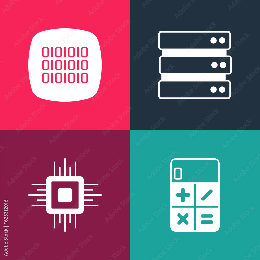 Poster set pop art calculator, processor cpu, server and binary code icon. vector