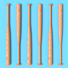 Set of wooden professional softball or baseball bat on blue background