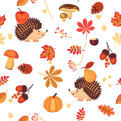 Autumn seasonal background with hedgehogs and mushrooms.Seamless pattern with pine cones, acorns and falling leaves.Organic colorful print with cartoon animals and fruits.Vector illustration on white. © Alla