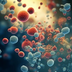 細菌、ウイルス、病原体、細かな粒子を表現したイラスト、Generative AI