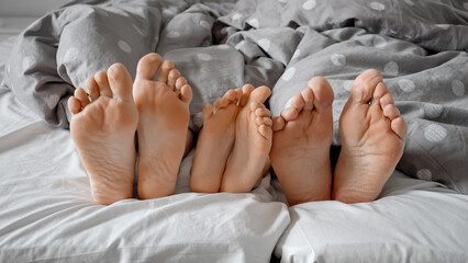 Parent's and child's feet playfully moving to the rhythm under the blanket on a cozy bed. Concept...