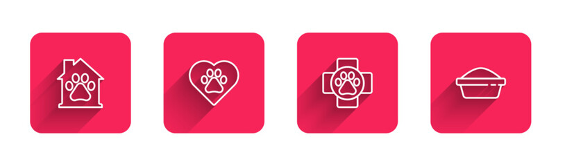 Set line Pet house, Heart with animals footprint, Veterinary clinic and food bowl with long shadow. Red square button. Vector