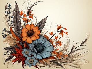 A frame adorned with flowers, a leaf and leafy branches, in the style of detailed feather rendering, post - apocalyptic themes, misty atmosphere, historical documentation, brown and black, innovative 