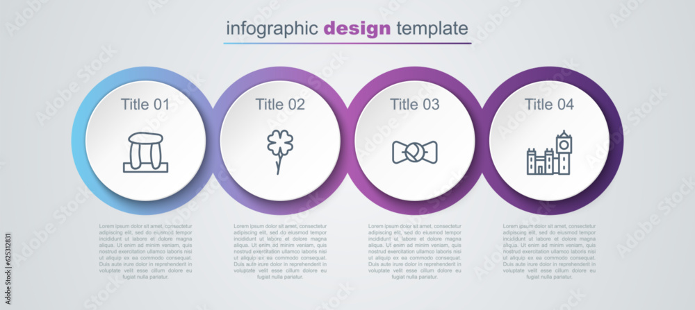 Sticker set line stonehenge, four leaf clover, bow tie and big ben tower. business infographic template. vec