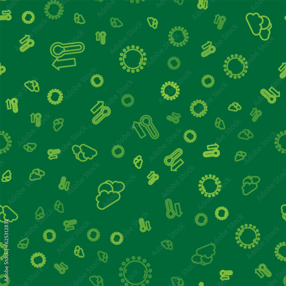 Poster set line meteorology thermometer, sun and cloud weather and on seamless pattern. vector