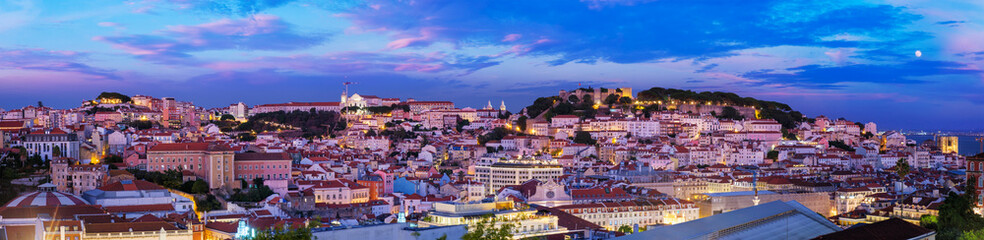 Panorama of Lisbon famous view from Miradouro de Sao Pedro de Alcantara tourist viewpoint in the evening. Lisbon, Portugal