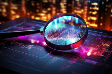 Data analysis, search engine optimization or SEO. magnifier, charts, graphs. ultraviolet and neon screen. AI generative