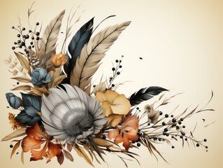 A frame adorned with flowers, a leaf and leafy branches, in the style of detailed feather rendering, post - apocalyptic themes, misty atmosphere, historical documentation, brown and black, innovative 