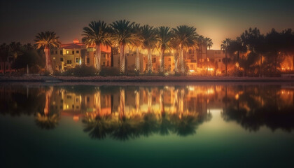 Obraz premium Tranquil scene of palm trees and sunset reflected in water generated by AI